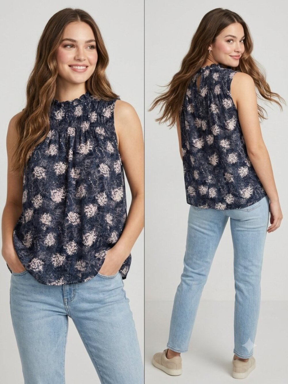JOIE Fern Shirred High Neck Blouse L Baltic Print Smocked Ruffle Mock Neck